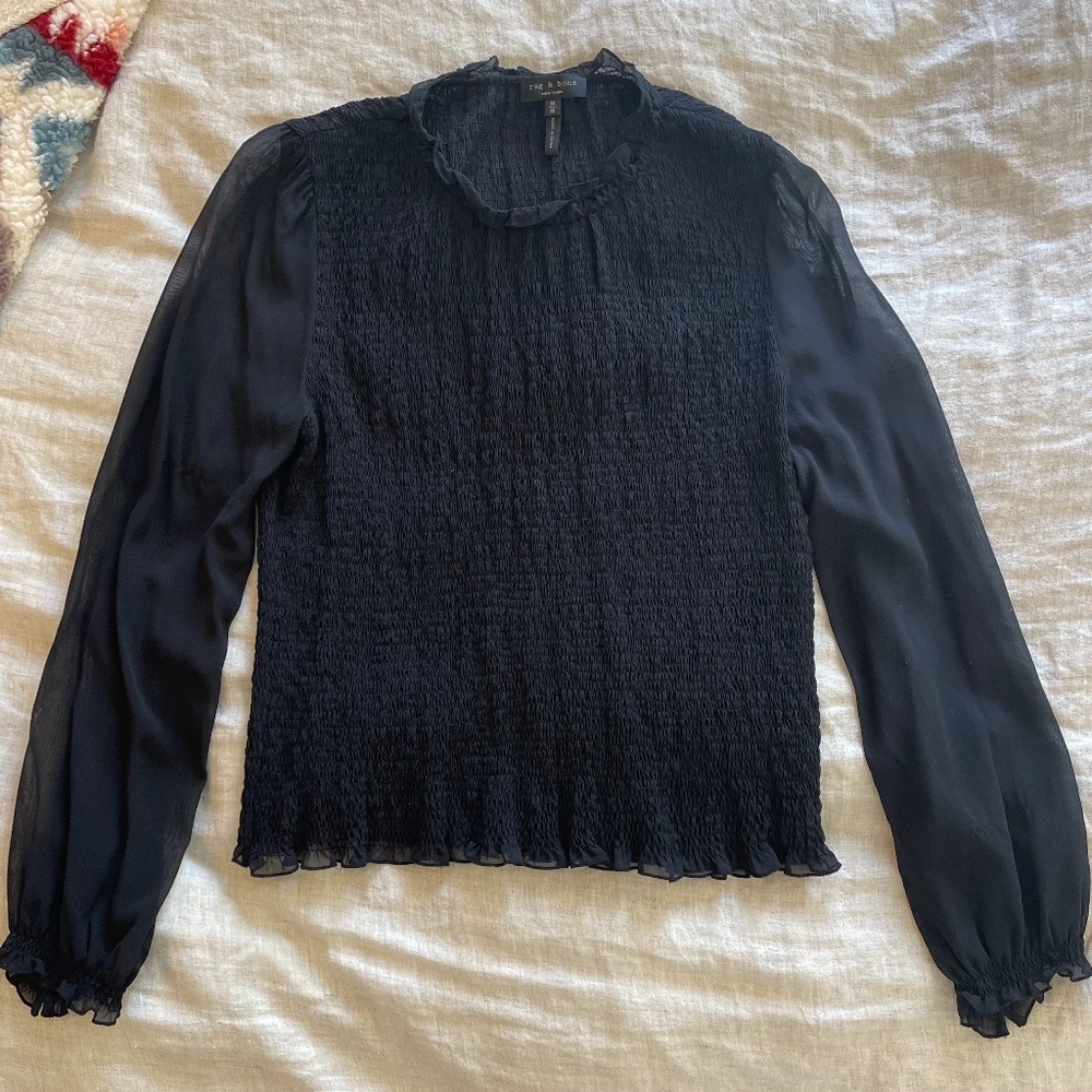 Rag & Bone Black Silk Chiffon Long Sleeve Top